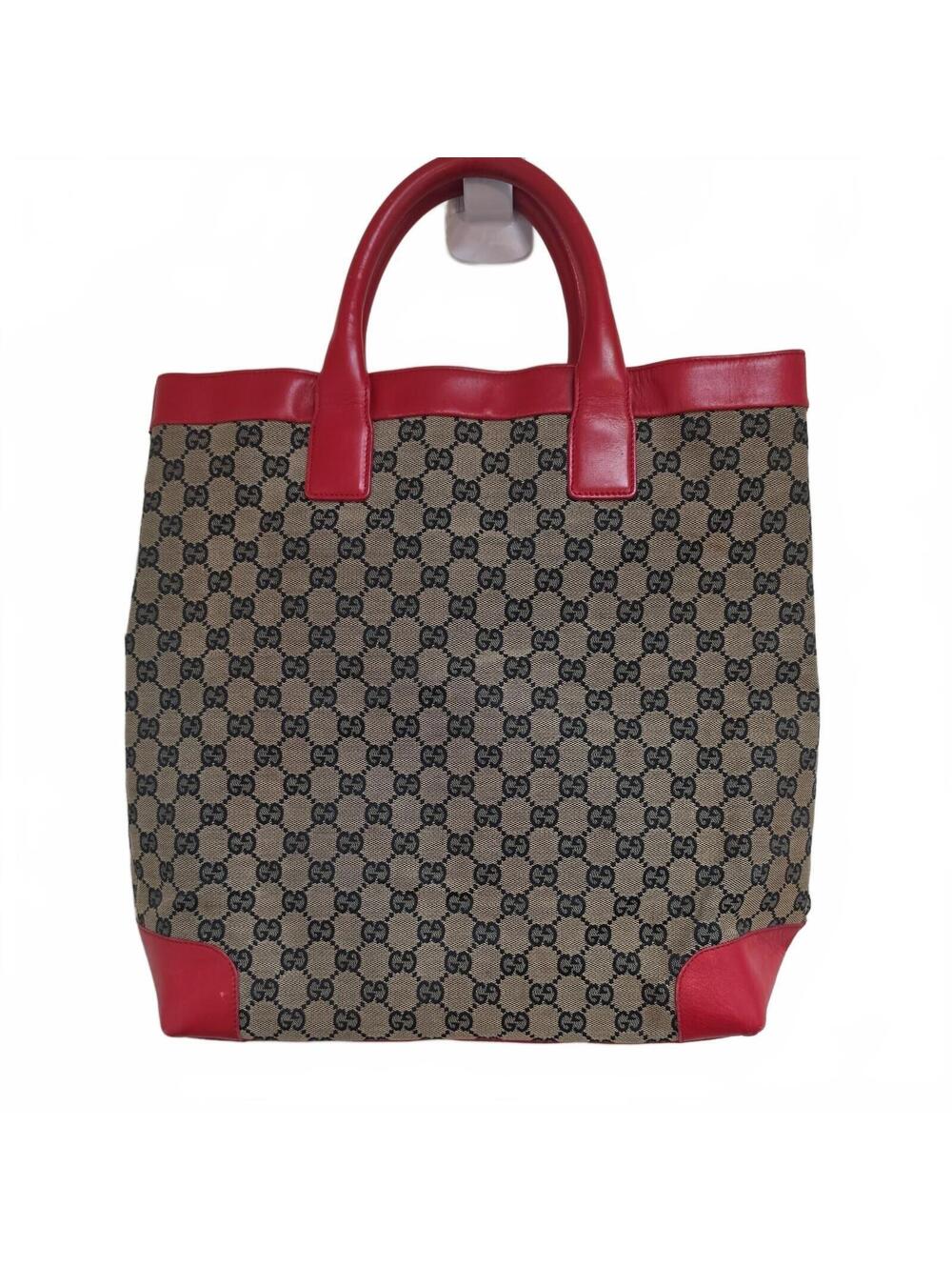 GUCCI GG Canvas Tote Bag Beige Red Leather 002 1121 001553 Excellent Condition